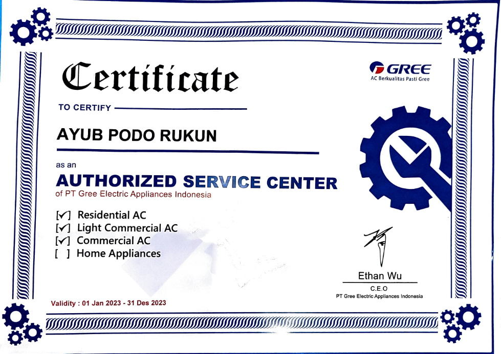 Sertifikat: Mitra Resmi Gree — Authorized Service Center · 2023